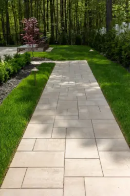 A full backyard transformation featuring a raised patio with stone retaining wall and pillars, paver pool patio with coping, paver steps with integrated LED lighting, a paver walkway with path lights, Japanese maple specimen plantings, arborvitae privacy screening, and sod installation.