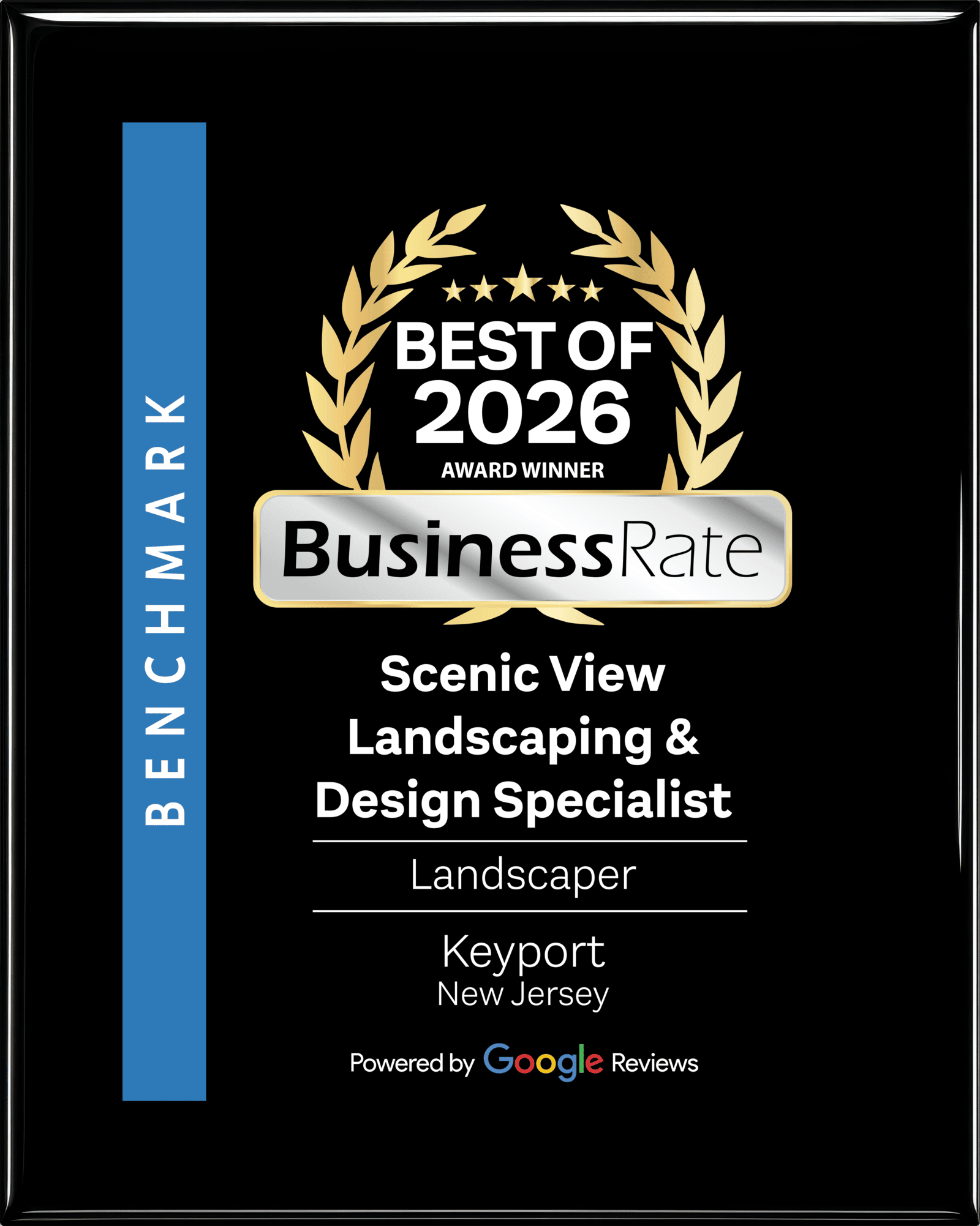 Best of 2026 BusinessRate award plaque naming Scenic View Landscaping & Design Specialist the top landscaper in Keyport, New Jersey